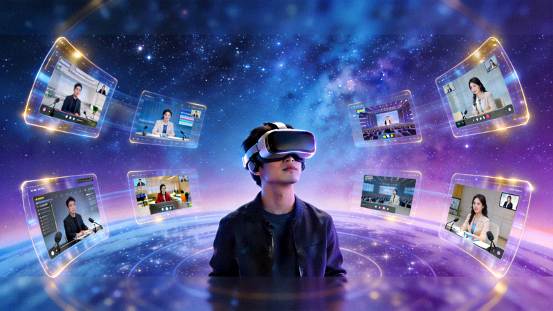全景沉浸VR直播大厅概念图 - 一个用户佩戴VR头显，置身于360度星空环绕的虚拟直播环境中，周围漂浮着多个视角窗口